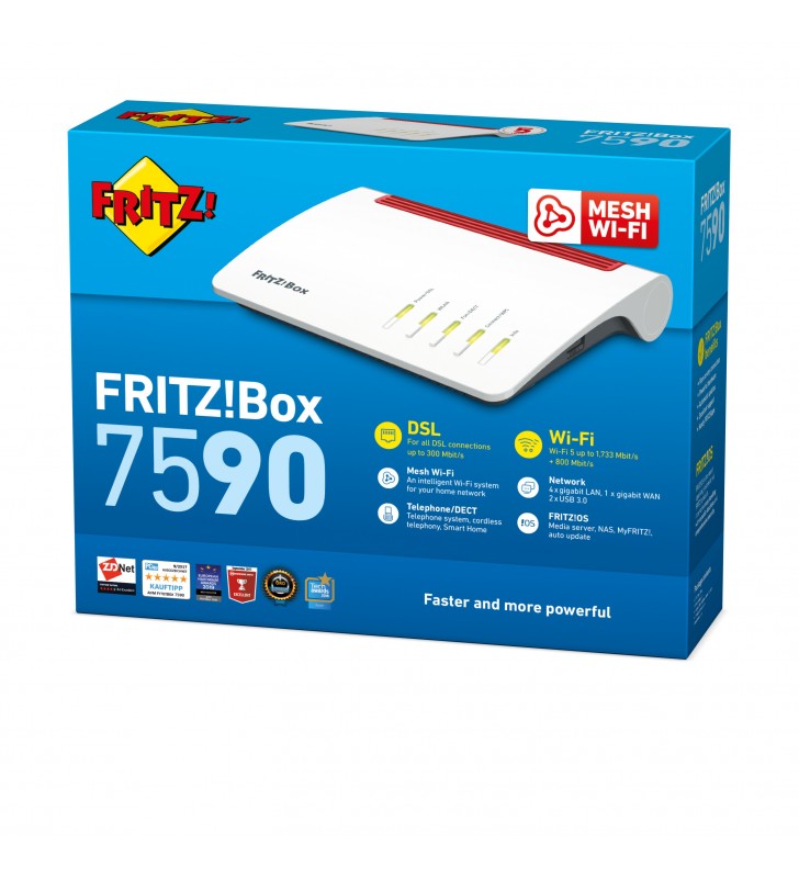 Fritz!box 7590 router wireless gigabit ethernet bandă dublă (2.4 ghz/ 5 ghz) alb