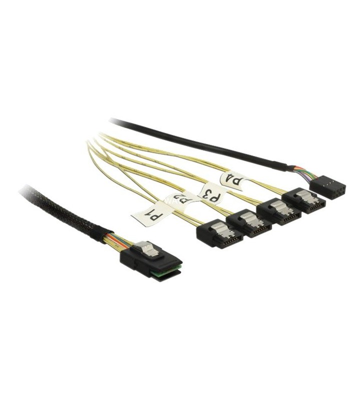Cablu adaptor delock  mini sas sff-8087 - 4x sata 7 pini invers (negru, 1 metru, cu bandă laterală)