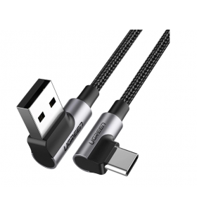 Cablu alimentare si date ugreen, "us176", fast charging data cable pt. smartphone, usb la usb type-c 3a complete angled 90°, braided, 2m, negru "20857" (include tv 0.06 lei) - 6957303828579