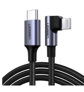 Cablu alimentare si date ugreen, "us305", fast charging data cable pt. smartphone, usb type-c la lightning iphone, 3a, angled 90°, braided, 1m, negru "60763" (include tv 0.06 lei) - 6957303867639