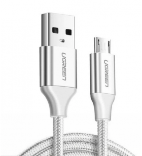 Cablu alimentare si date ugreen, "us290", fast charging data cable pt. smartphone, usb la micro-usb, braided, 2m, alb "60153" (include tv 0.06 lei) - 6957303861538