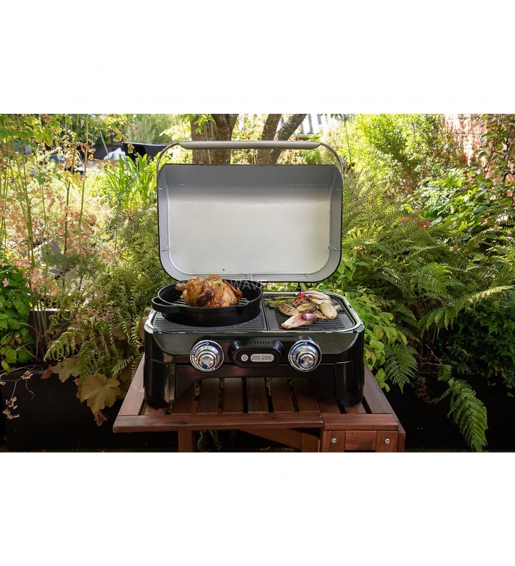 Tigaie modulară culinară din fontă campingaz cu suport pentru grătar (negru/oțel inoxidabil, ø 31,6 cm)