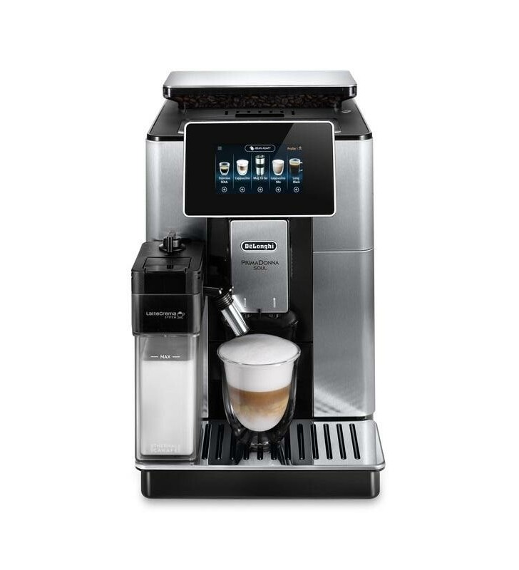 Espressor automat de’longhi primadonna soul ecam 610.74.mb, carafa pentru lapte, sistem lattecrema, rasnita cu tehnologie bean adapt, coffee link app, 1450w, 19 bar, 2.2 l, cana calatorie, negru - argintiu