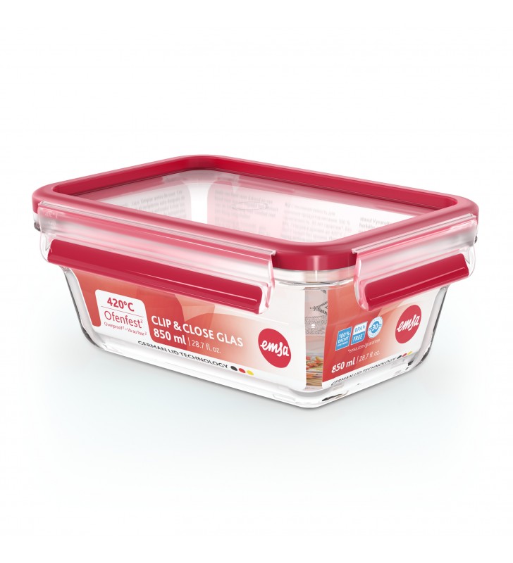 Emsa clip & close n1040800 recipiente pentru păstrarea alimentelor dreptunghiulare cutie 0,85 l roşu, transparente 1 buc.