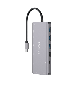 Canyon 13 in 1 usb c hub, with 2*hdmi, 3*usb3.0: support max. 5gbps, 1*usb2.0: support max. 480mbps, 1*pd: support max 100w pd, 1*vga,1* type c data, 1*glgabit ethernet, 1*3.5mm audio jack, cable 15cm, aluminum alloy housing,130*57.5*15 mm,dark gray