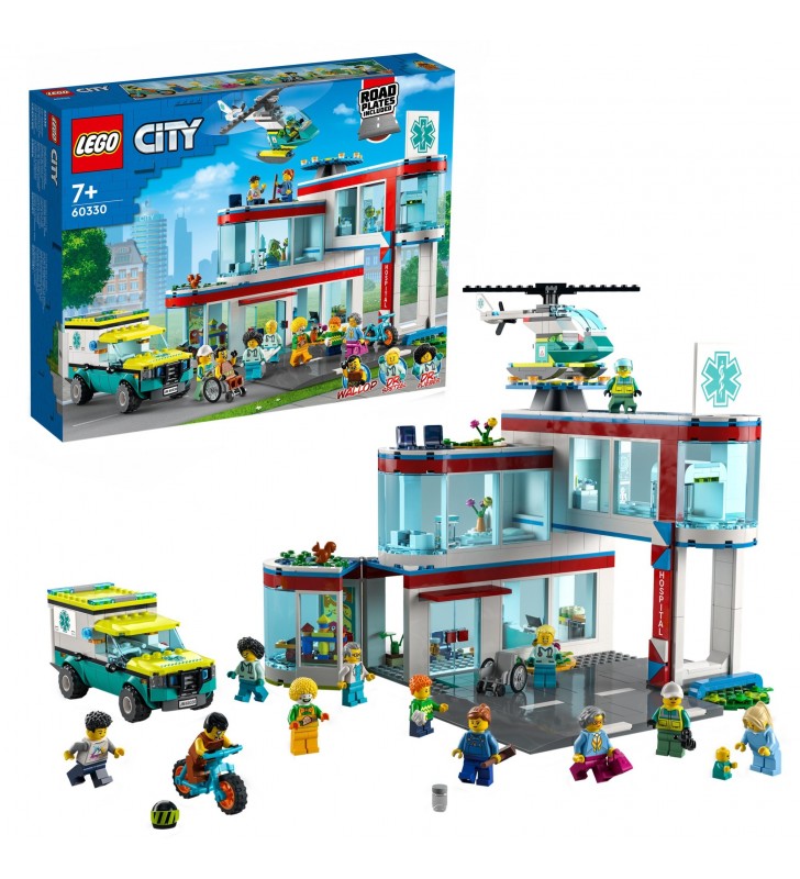 Jucărie de construcție lego  60330 city hospital (conține ambulanță, elicopter de salvare și 12 minifigurine pentru vârsta de peste 7 ani, jucării pentru construirea orașului)