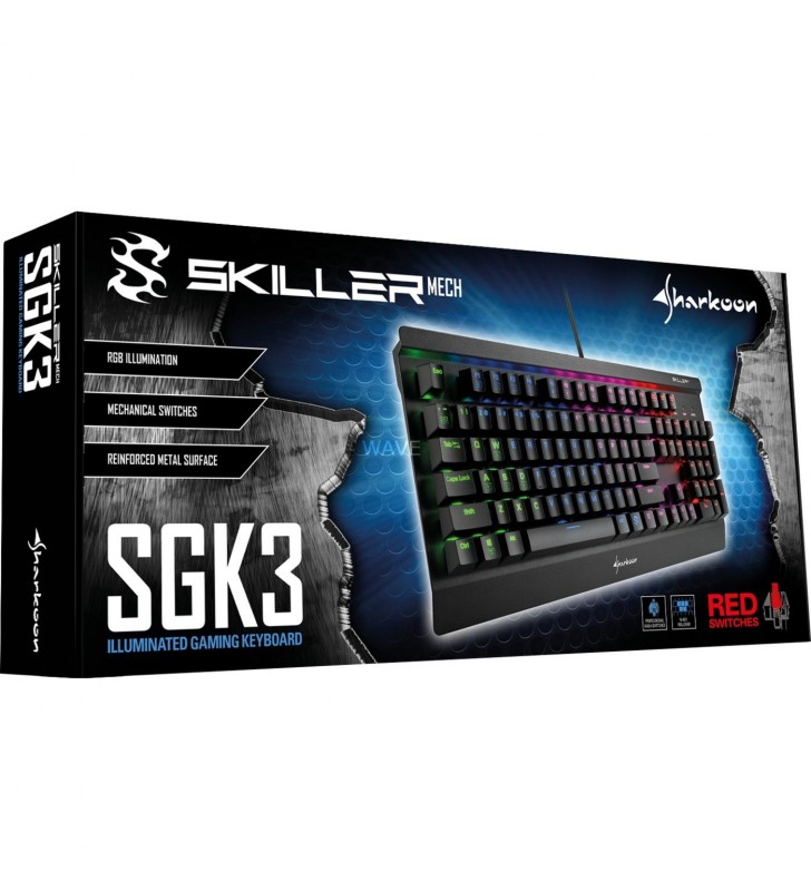 Tastatură pentru jocuri sharkoon  skiller mech sgk3 (negru, aspect sua, kailh red)