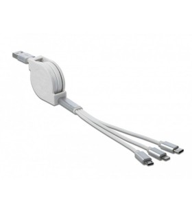 Cablu de încărcare retractabil usb delock  3-în-1 de tip a (alb/argintiu, aprox. 1 metru)