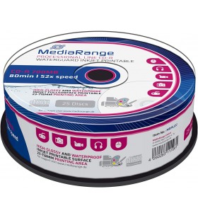 Mediarange mrpl512 slug and storage media cd-r 700mb/80min 52x speed inkjet fullsurface printable, waterguard high glossy, cake 25