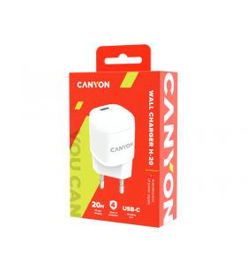 Canyon, pd 20w input: 100v-240v, output: 1 port charge: usb-c:pd 20w (5v3a/9v2.22a/12v1.66a) , eu plug, over- voltage , over-heated, over-current and short circuit protection compliant with ce rohs,erp. size: 68.5*29.2*29.4mm, 32.5g, white