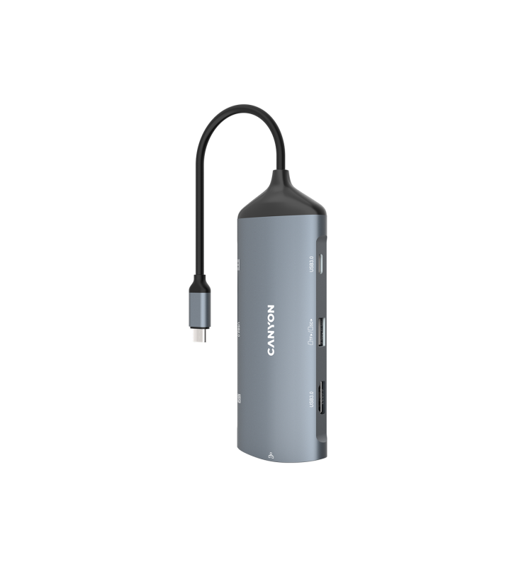 Canyon 8 in 1 hub, with 1*hdmi,1*gigabit ethernet,1*usb c female:pd3.0 support max60w,1*usb c male :pd3.0 support max100w,2*usb3.1:support max 5gbps,1*usb2.0:support max 480mbps, 1*sd, cable 15cm, aluminum alloy housing,133.24*48.7*15.3mm,dark grey