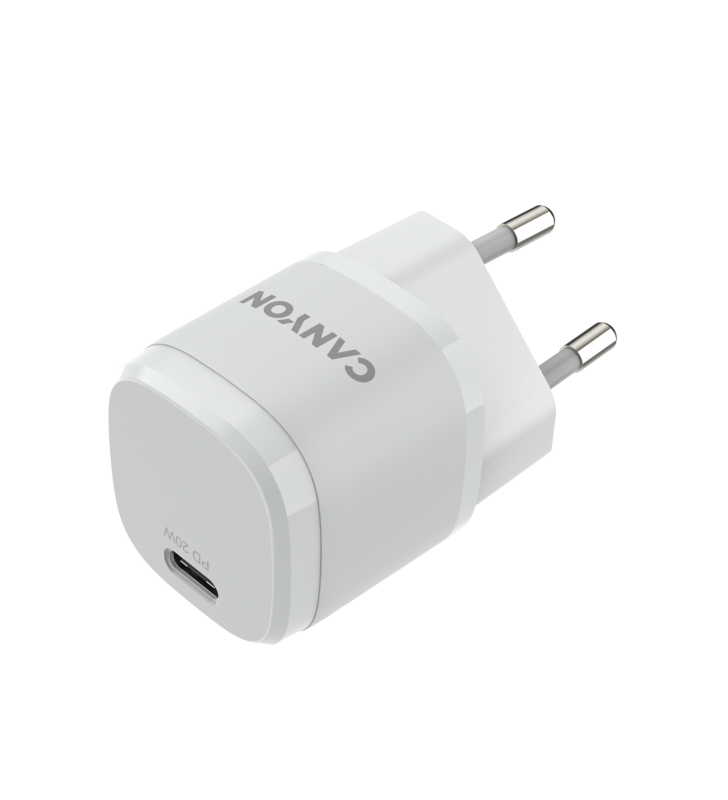 Canyon, pd 20w input: 100v-240v, output: 1 port charge: usb-c:pd 20w (5v3a/9v2.22a/12v1.66a) , eu plug, over- voltage , over-heated, over-current and short circuit protection compliant with ce rohs,e
