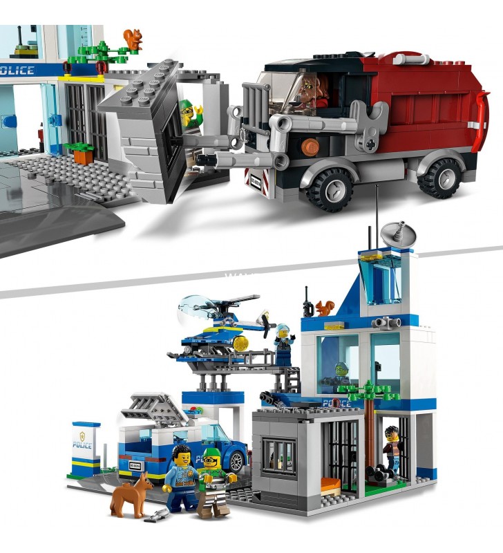 Jucărie de construcție lego  60316 city police station (cu mașină de poliție, camion de gunoi și elicopter, jucării de poliție pentru copii de la 6 ani)