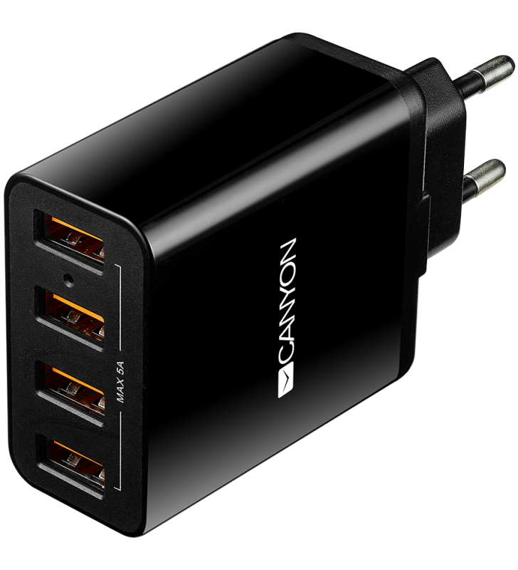 Canyon h-06 universal 4xusb ac charger (in wall) with over-voltage protection, input 100v-240v, output 5v-5a, with smart ic, black glossy color+orange plastic part of usb, 96.8*52.48*28.5mm, 0.09kg