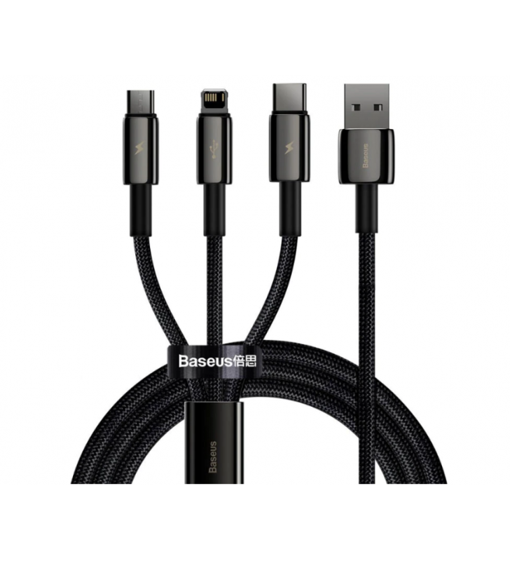 Cablu alimentare si date baseus tungsten gold one-for-three, fast charging data cable pt. smartphone, usb la micro-usb + lightning iphone + usb type-c 3.5a, braided, 1.5 m, negru "camltwj-01" (include timbru verde 0.25 lei)