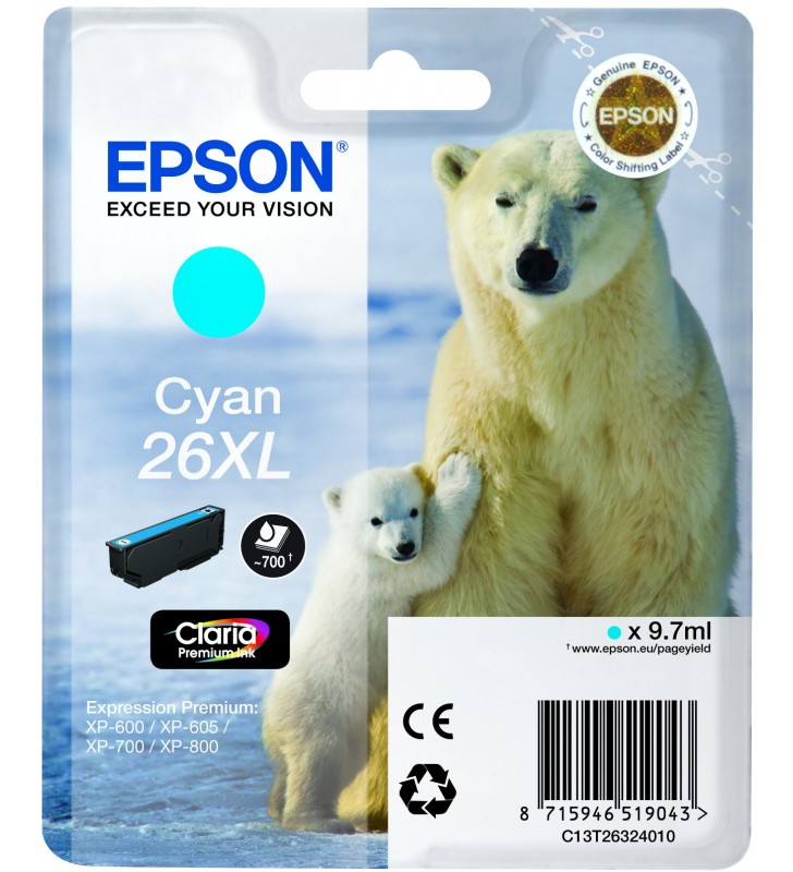 Epson polar bear singlepack cyan 26xl claria premium ink