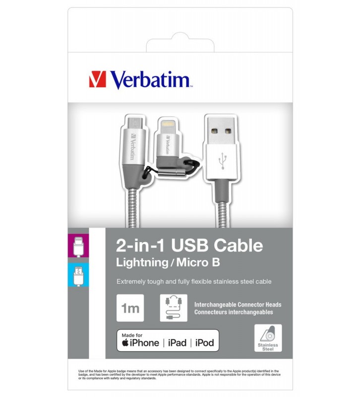 Verbatim 48869 cabluri usb 1 m usb a micro-usb b/lightning aluminiu, gri