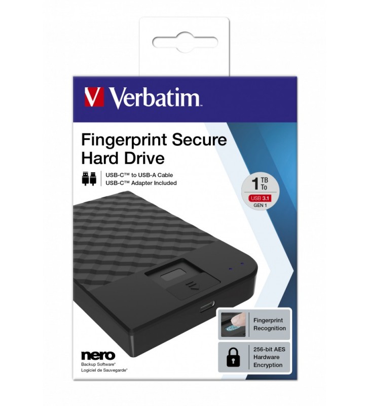 Verbatim fingerprint secure hard-disk-uri externe 1000 giga bites negru