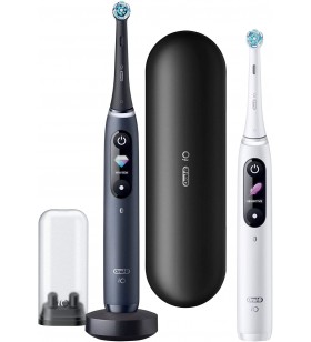 Oral-b io series 8 electric toothbrush, twin pack with 2 replacement brushes, 6 cleaning modes for dental care, magnetic technology, colour display & travel case, white alabaster/black onyx