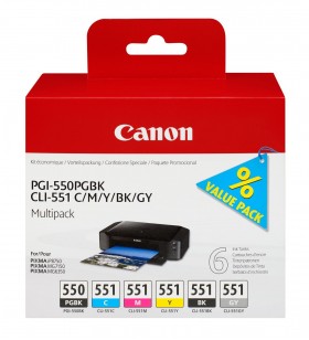 Canon pgi-550pgbk + cli551 (pgbk/c/m/y/bk/gy) original negru foto, cyan foto, gri foto, magenta foto, negru, galben fotografic