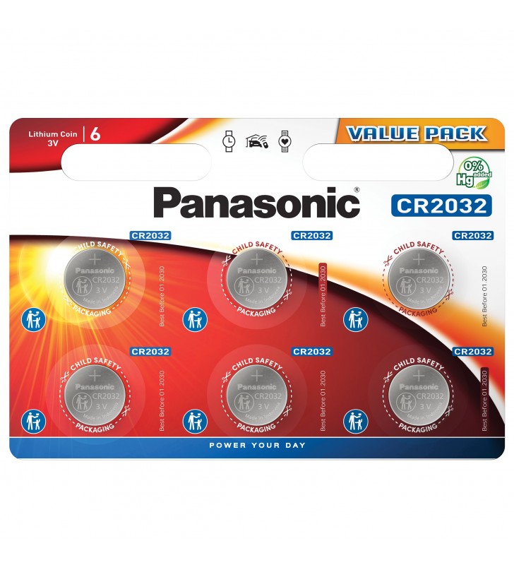Panasonic baterie litiu cr2032 3v diametru 20mm x h3,2mm b6 cr-2032el/6bp