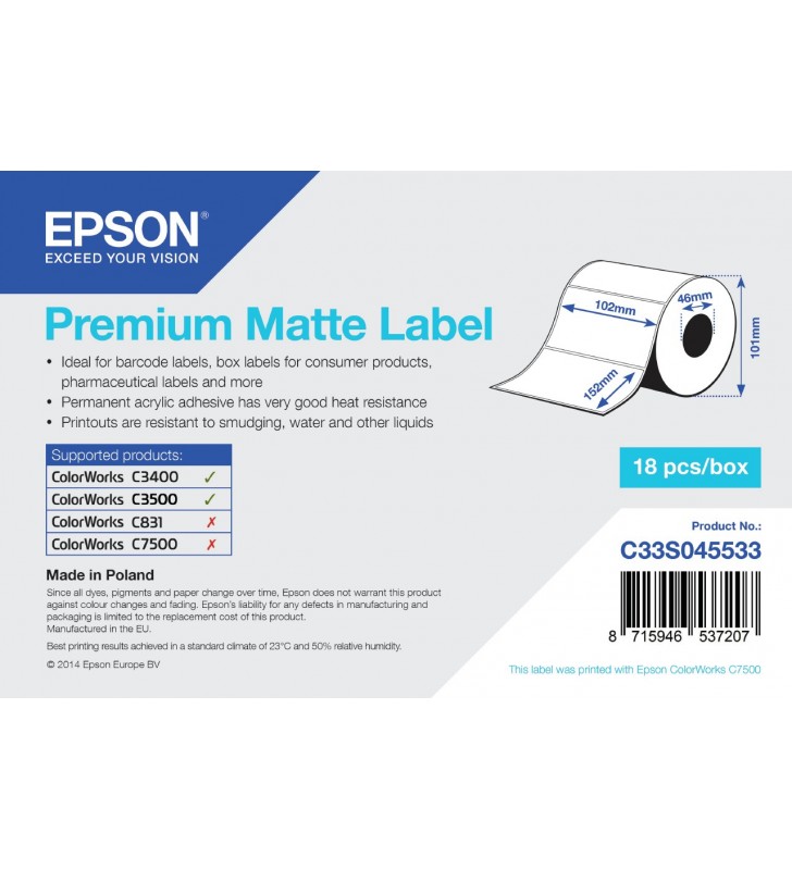 Epson premium matte label - die-cut roll: 102mm x 152mm, 225 labels
