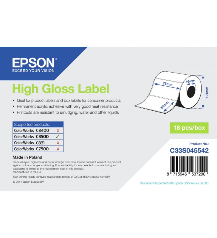 Epson high gloss label - die-cut roll: 76mm x 51mm, 610 labels