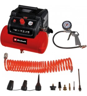 Set compresor einhell tc-ac 190/6/8 of (roșu/negru, 1.200 wați, umflator anvelope, furtun de aer comprimat)