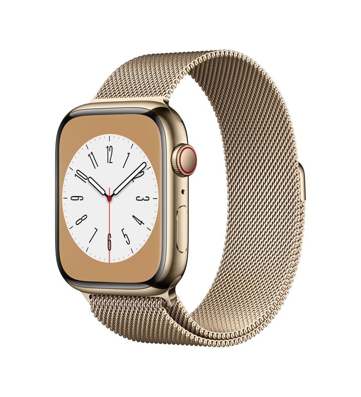 Apple watch series 8, ceas inteligent (aur, 45 mm, brățară milaneză, carcasă din oțel inoxidabil, lte)