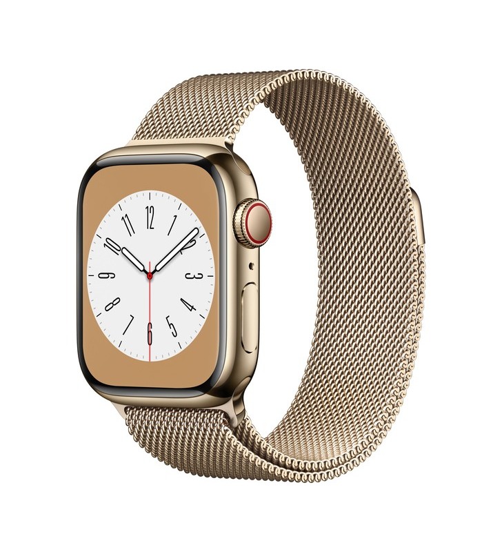 Apple watch series 8, ceas inteligent (aur, 41 mm, brățară milaneză, carcasă din oțel inoxidabil, lte)
