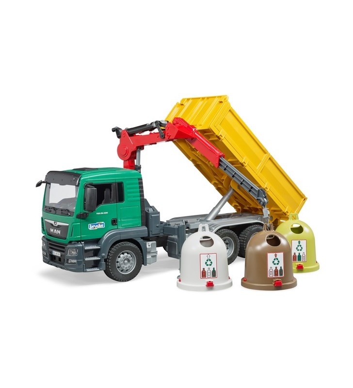 Camion bruder man tgs cu macara de încărcare, model de vehicul (cu 3 recipiente și sticle pentru gunoi de sticlă)