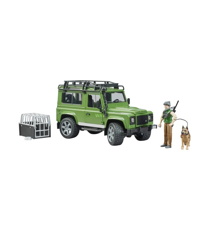 Bruder land rover defender station wagon, model de vehicul (verde/negru, inclusiv pădurar și câine)