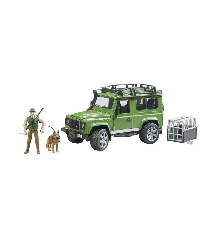 Bruder land rover defender station wagon, model de vehicul (verde/negru, inclusiv pădurar și câine)