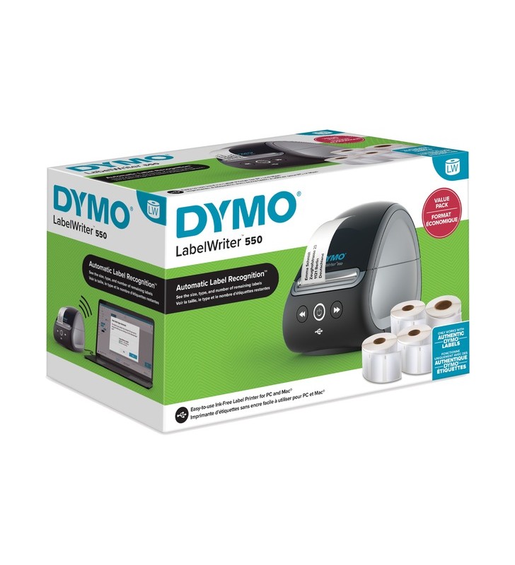 Imprimantă de etichete dymo labelwriter 550 valuepack (negru/gri, usb, 2147591, inclusiv 4 role de etichete dymo originale)