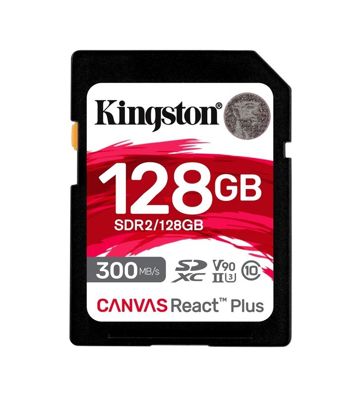 Card de memorie sdxc kingston canvas react plus de 128 gb (negru, uhs-ii u3, clasa 10, v90)