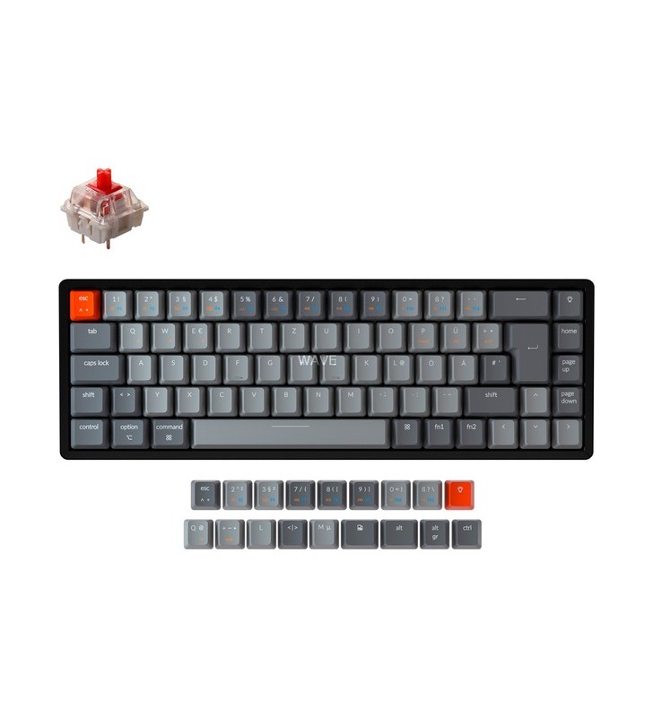 Tastatură pentru jocuri keychron k6 (negru/gri, aspect de, roșu gateron, înlocuire la cald, cadru din aluminiu, rgb)