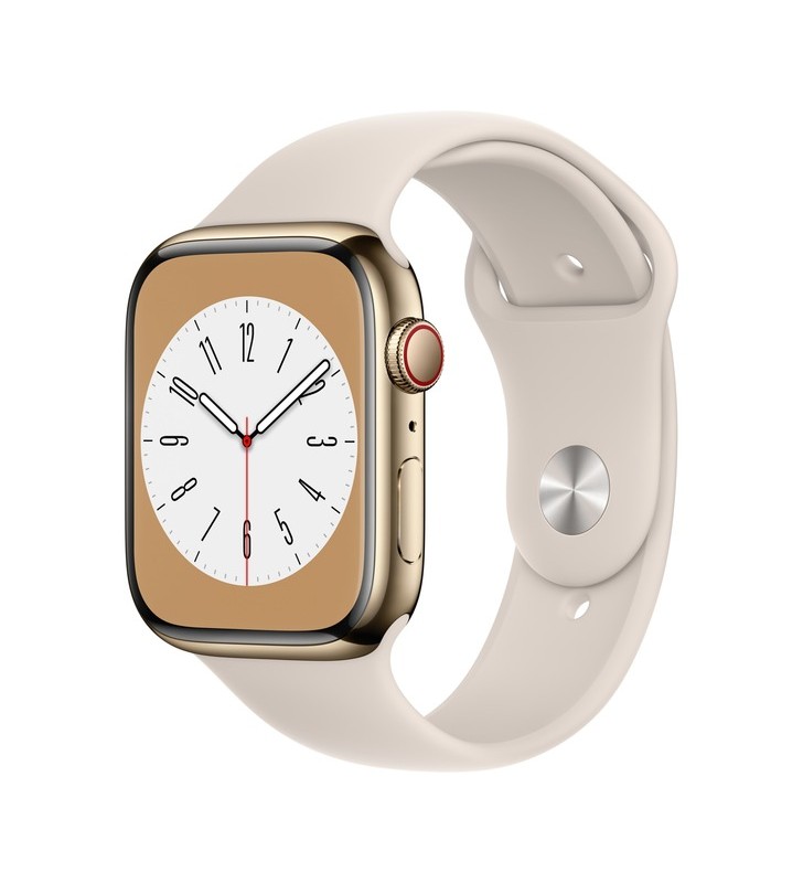 Apple watch series 8, ceas inteligent (aur, 45 mm, brățară sport, carcasă din oțel inoxidabil, lte)