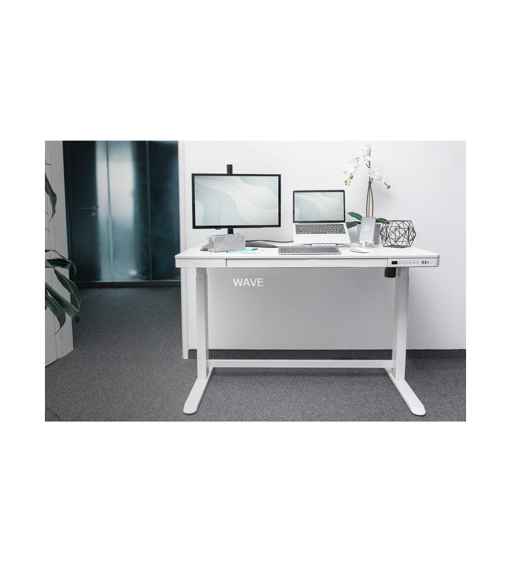 Digitus birou reglabil electric pe înălțime cu stație de încărcare usb și sertar da-90406 (alb)