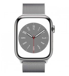 Apple watch series 8, ceas inteligent (argint, 45 mm, brățară milaneză, carcasă din oțel inoxidabil, lte)