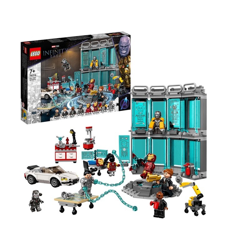 Jucărie de construcție a atelierului lui iron man lego 76216 marvel super heroes (set răzbunători cu minifigurine)