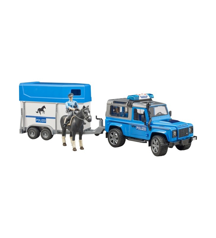 Vehicul de poliție bruder land rover defender și vehicul model remorcă pentru cai