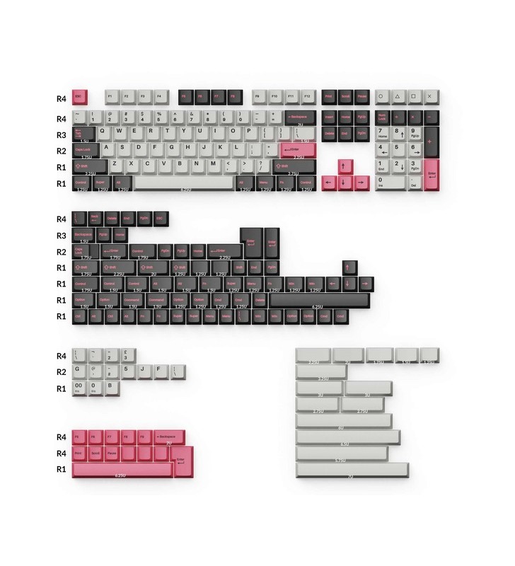 Keychron cherry profile double-shot pbt set complet de taste - dolch pink, tastatură (gri/roz, 219 bucăți, aspect ansi și uk iso)