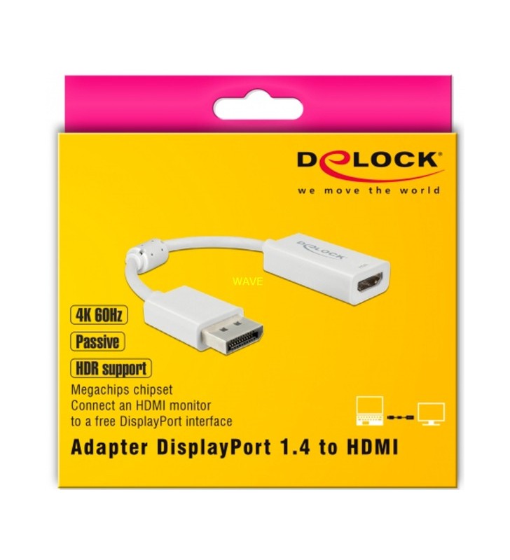 Adaptor delock displayport - hdmi 4k 60hz cu funcție hdr pasivă (alb, 10 cm)