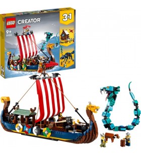 Nava vikingă lego 31132 creator 3 în 1 cu jucărie de construcție a șarpelui midgard (setul include navă, casă, lup de jucărie și figuri de animale)
