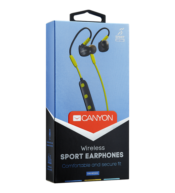 Canyon bluetooth sport earphones with microphone, cable length 0.3m, 18*25*22mm, 0.028kg, lime