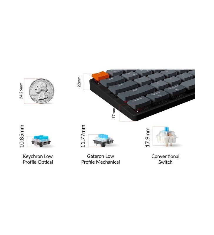 Keychron k7, tastatură pentru jocuri (negru/gri, aspect de, gateron low profile mechanical blue, cadru din aluminiu, rgb)