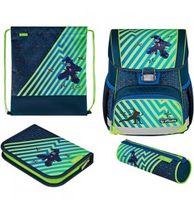 Herlitz loop plus funky ninja, ghiozdan (verde/albastru închis, inclusiv trusă de 16 piese, trusă, geantă de sport)