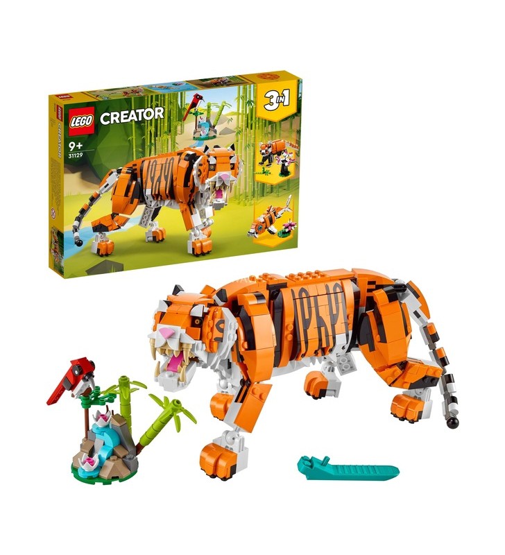 Jucărie de construcție lego 31129 creator 3în1 majestic tiger (set de figurine de animale 3 în 1, panda sau pește)