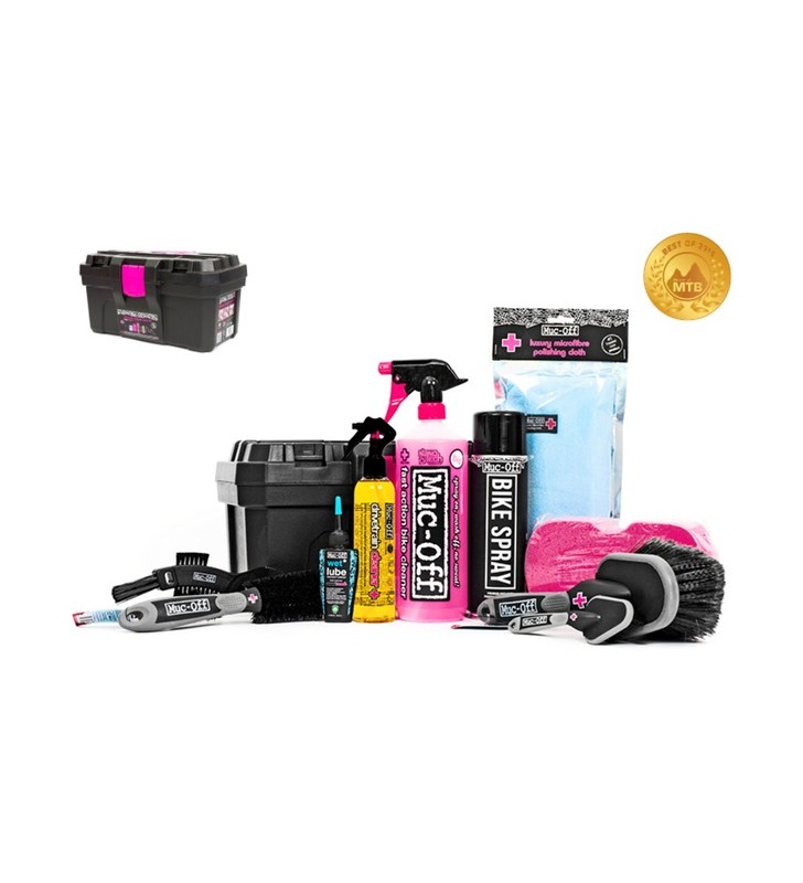 Muc-off ultimate bicycle care kit (în cutia de scule), agent de curățare (detergent + spray de protecție + lubrifiant pentru lanț + perii)
