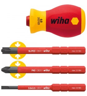 Set șurubelniță wiha cu suport pentru biți softfinish electric slimvario, 4 buc (roșu/galben, stubby cu slimbits)